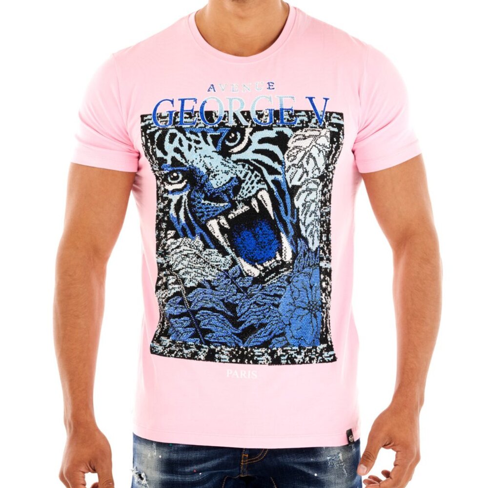 Avenue George V Paris T-shirt Men's Short Sleeve Pink shirt Rhinestone XL 2XL